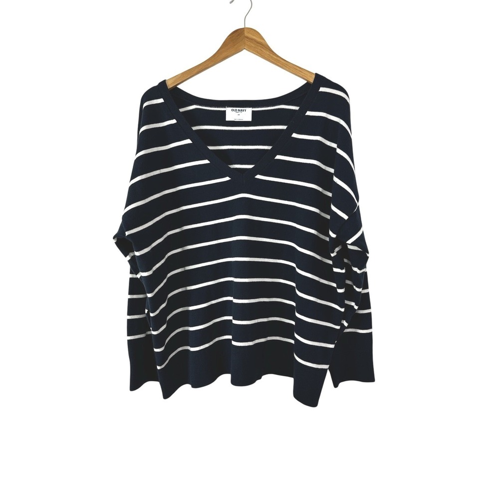 Old Navy Sosoft Lite Knit Sweater Plus 2X Blue White Stripe V-Neck Nautical Top